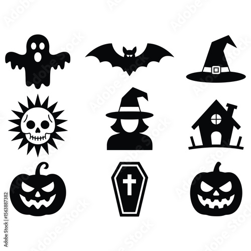 Collection of halloween icons including ghost bat witch skull house coffin and pumpkins isolated on white background