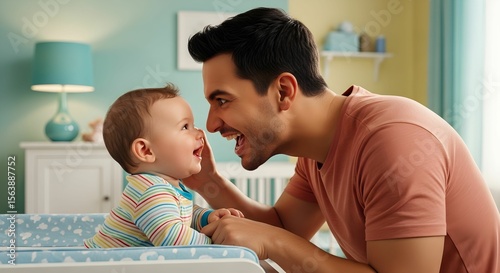 Father joking with laughing baby on table in nursery room