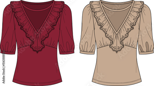 V-neck ruffle blouse fashion sketch, women's top with lace detail, half sleeve elegant design, stylish flat drawing, apparel CAD for clothing designers.