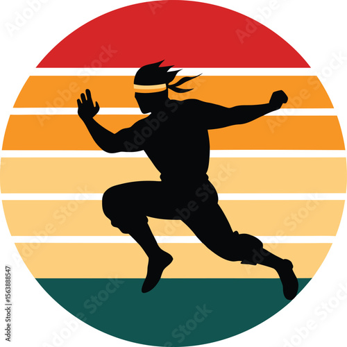 Ninja jumping silhouette on retro vintage striped sunset