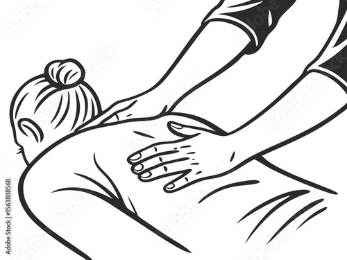 Woman receiving back massage from therapist in minimal line art style  