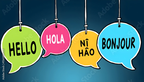 A colorful illustration of multiple speech bubbles displaying greetings in different languages.