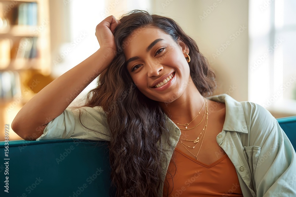 Fototapeta premium A young woman with long curly hair smiles while sitting on a teal couch