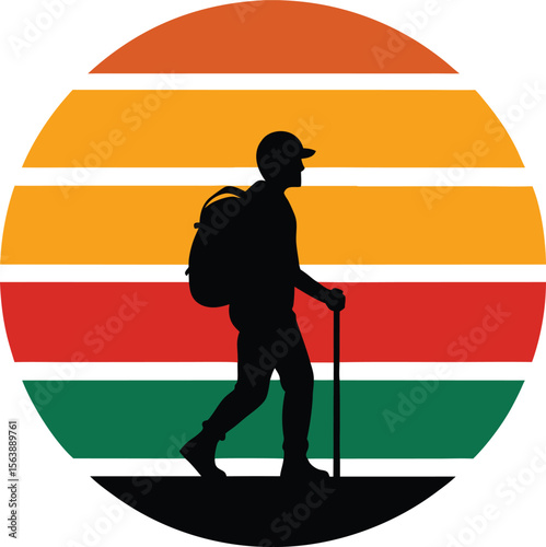 Person hiking silhouette on retro vintage striped sunset