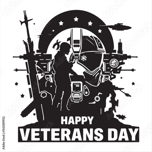 Elegant black and white vector silhouette illustration of Veterans Day, futuristic sci-fi design, showcasing advanced technology and space elements, set on a clean white background.