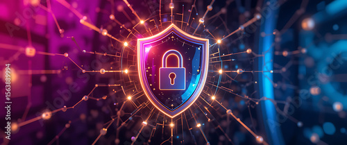 Abstract 3d cyber security shimmering protection shield on the middle of the connected protection glowing network with negative space on the right transparent glasd, dark purple gradient theme, glowin