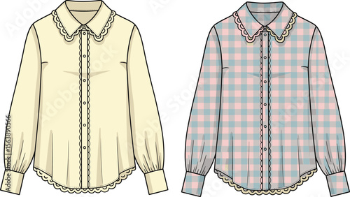 Women’s long sleeve blouse flat sketch, scalloped collar shirt design, button up checkered and solid version, vintage style fashion CAD, elegant apparel illustration.