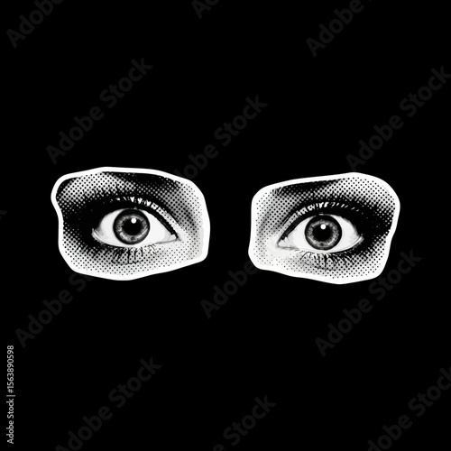 A pair of engraved eyes are looking forward against a stark black background