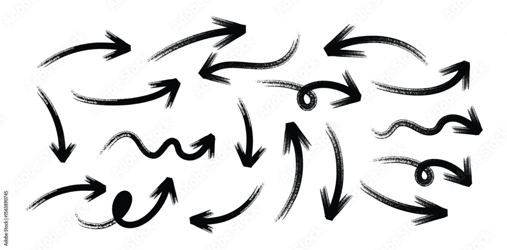 Obraz premium Hand-Drawn Black Arrows Set, Curved, Wavy, and Brush Stroke Direction Icons Isolated on White Background.