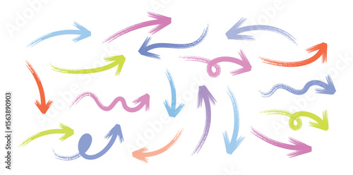 Hand-Drawn Colorful Arrows Set, Curved, Wavy, and Brush Stroke Direction Icons Isolated on White Background.