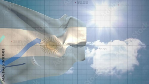 Sun intensifying causing Argentine flag waving while colored lines rising showing data trends