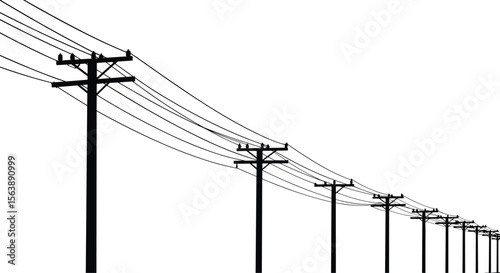 Silhouette of electric power lines, utility poles illustration, electricity infrastructure concept, high voltage cables vector, energy supply design, industrial transmission lines artwork.