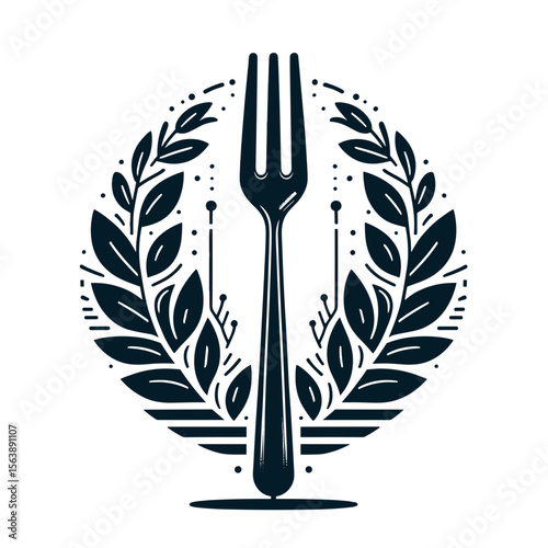 Design of a fork surrounded by a floral wreath in a minimalist style on a transparent background  