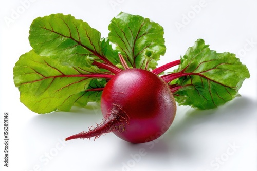 A vibrant image of a fresh beetroot with its green leaves, isolated on a clean white background