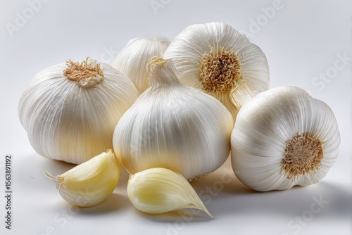 Close-up of fresh garlic cloves isolated on a clean white background.