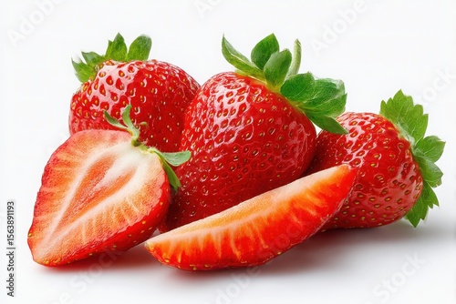 A vibrant image of fresh, ripe red strawberries, both whole and sliced, isolated on a clean white background