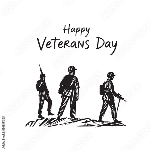 The Veterans Day commemoration is captured in a hand-drawn sketch, classic black and white vector style silhouette. 