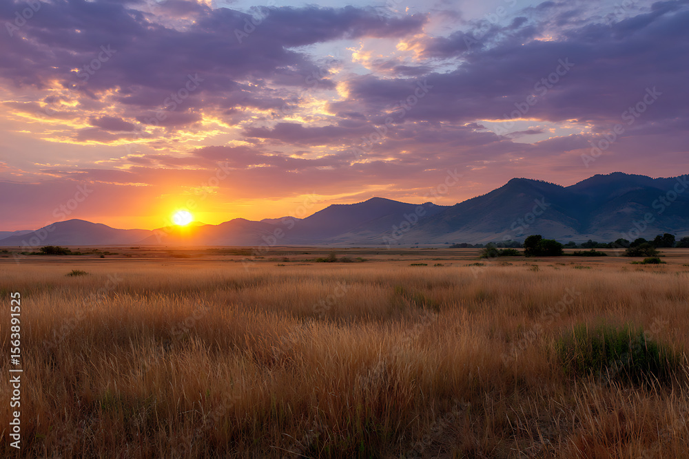 Fototapeta premium Golden grassland meets purple sky at sunset with distant mountains clouds