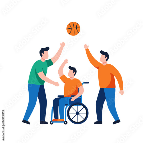 Basketball Game for Everyone: A motivational illustration showing a basketball game, in which people of all abilities and disabilities can participate. This is a representation of inclusion.