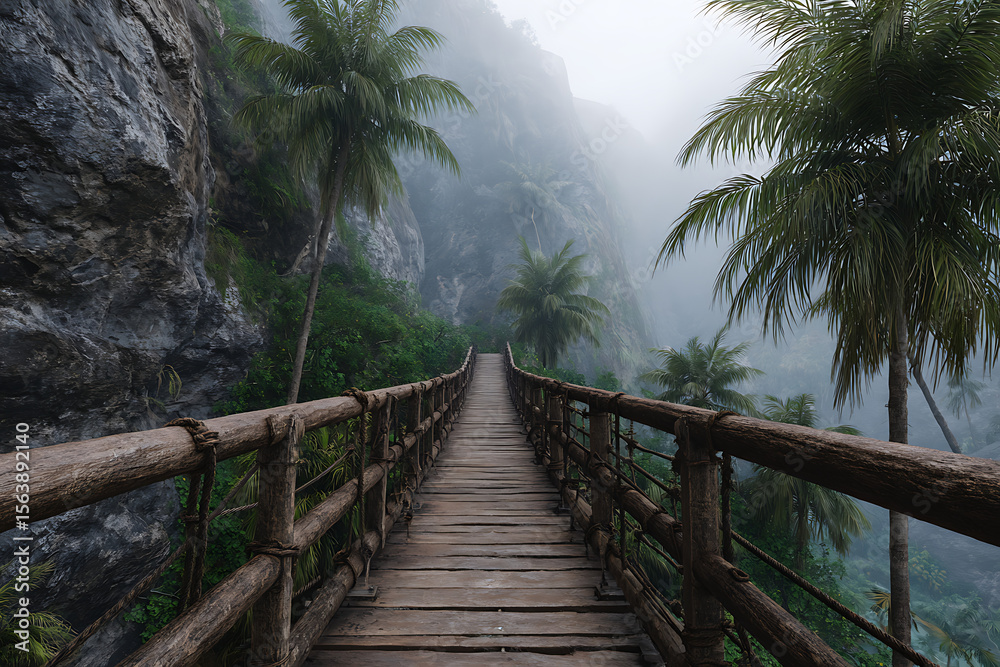 Obraz premium Misty jungle bridge with palm trees and rocky cliffs wooden rope