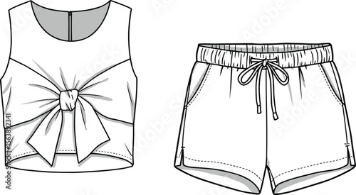 Women’s summer outfit fashion flat sketch, bow front crop top and drawstring shorts design, stylish casual apparel template, clothing CAD for designers.
