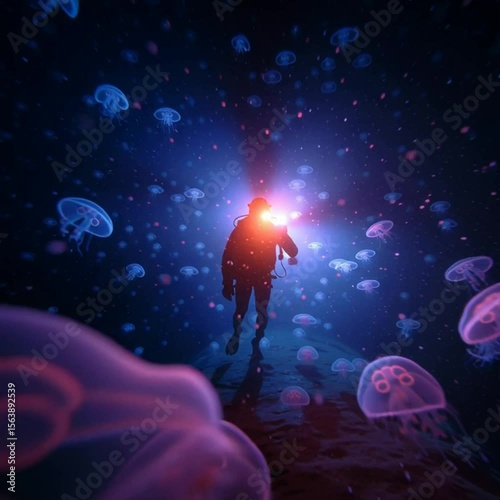 Night Dive Glowing Jellyfish, Bioluminescent Ocean Creatures, Glowing Jellyfish Night Scene, Bioluminescent Night Diving, Surreal Ocean Fantasy Scene, Glowing Jellyfish Underwater Ambience