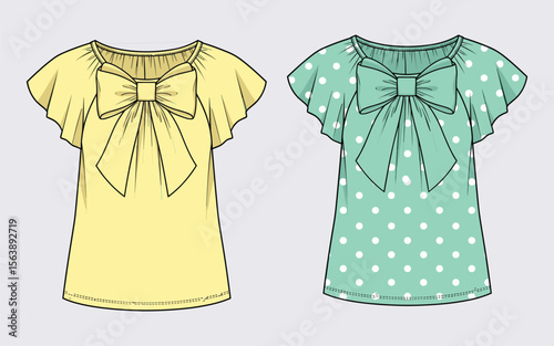Girls flutter sleeve blouse with front bow, polka dot and solid design, kids fashion sketch, cute top flat template, children clothing vector illustration.