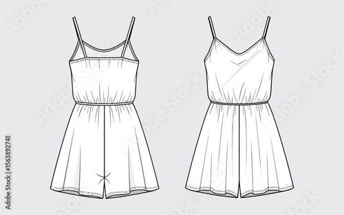 Girls summer playsuit fashion flat sketch, strappy romper front and back view, stylish kids clothing design, children technical drawing, black and white outline.