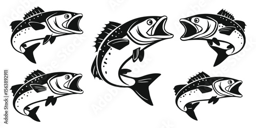 Set of monochrome trout fish illustrations swimming with open mouth isolated