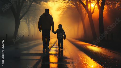 Father and son walking hand in hand on a misty road at sunset
