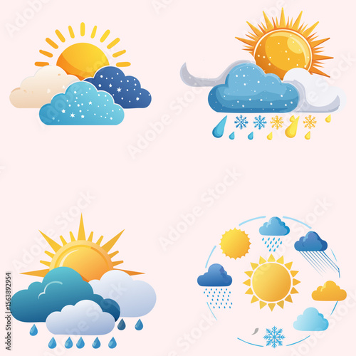 Weather icons representing various conditions such as sun, rain, snow, and clouds. Vector illustration. 