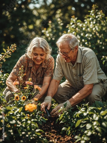 Older couple gardening together in a lush garden with flowers and greenery on a bright sunny day outside