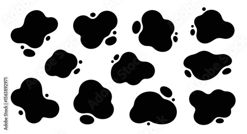 Collection of black ink or oil spill splatter shapes in solid silhouette vector style.