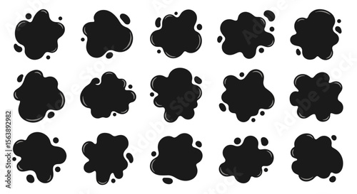 Vector collection of black splatter icons with irregular grunge blot shapes.