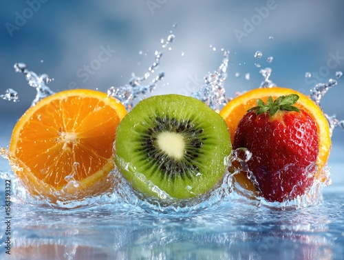 Fresh orange, kiwi, and red apple splashing in clear water. Bright studio close-up on a blue background. Pure freshness and vitality. Ideal for beverage ads and wellness campaigns.