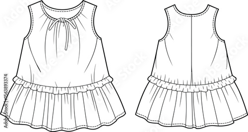 Cute and Comfy Toddler Girl's Ruffled A-Line Top: Adorable Sleeveless Blouse with Gathered Hem for Summer Playtime, Casual Everyday Wear, and Fashionable Kids' Apparel Photography"