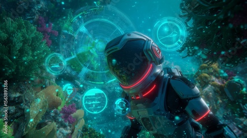 Futuristic underwater scientist in high-tech diving suit interacting with virtual holographic interface. Deep-sea research scene with glowing data visualizations in coral reef environment.