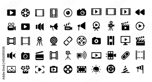 Video Icon Set – Editable Stroke Vector Icons of Camera, Play, Pause, Media Player, Online Video, Live Streaming, Film Production, Movie, Cinema, and More – Line Style Multimedia and Entertainment Ico