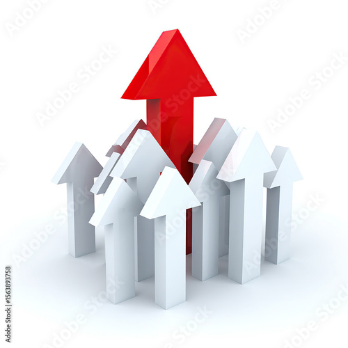 Dominant Red Arrow Leading White Arrows A Powerful Symbol of Leadership and Outperformance in Business and Strategy on a Clean White Background for Visual Impact