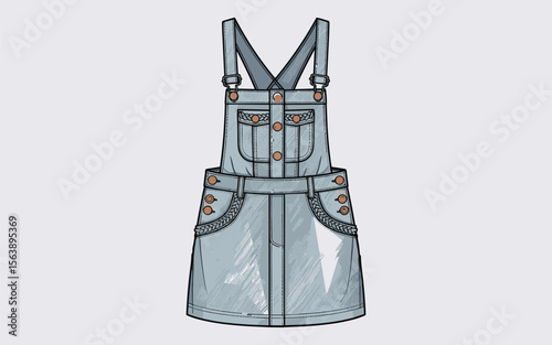 Denim overall skirt for girls, fashion flat sketch front view, braided pocket detail, buttoned jumper dress design, kids stylish clothing vector, technical illustration.