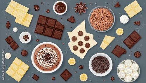 Deconstructed Chocolate Dessert Illustration with Toppings and Ingredients Flat Lay