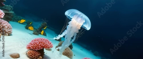 A jellyfish is floating in the ocean. The jellyfish is orange and white. The water is blue