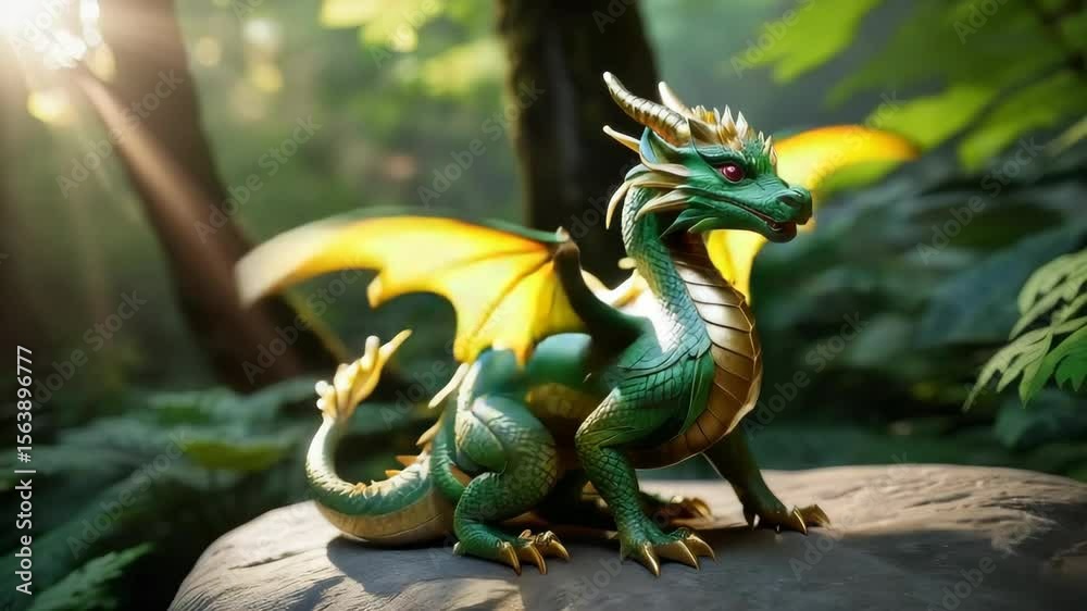 A green dragon is standing on a rock near a waterfall. The dragon has a large head and is surrounded by lush green foliage. The scene is serene and peaceful