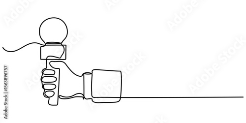 Hands holding news microphone in continuous one line drawing style. Journalist, reporter concept. Continuous one line drawing of hand holding news microphone. Editable line art. 