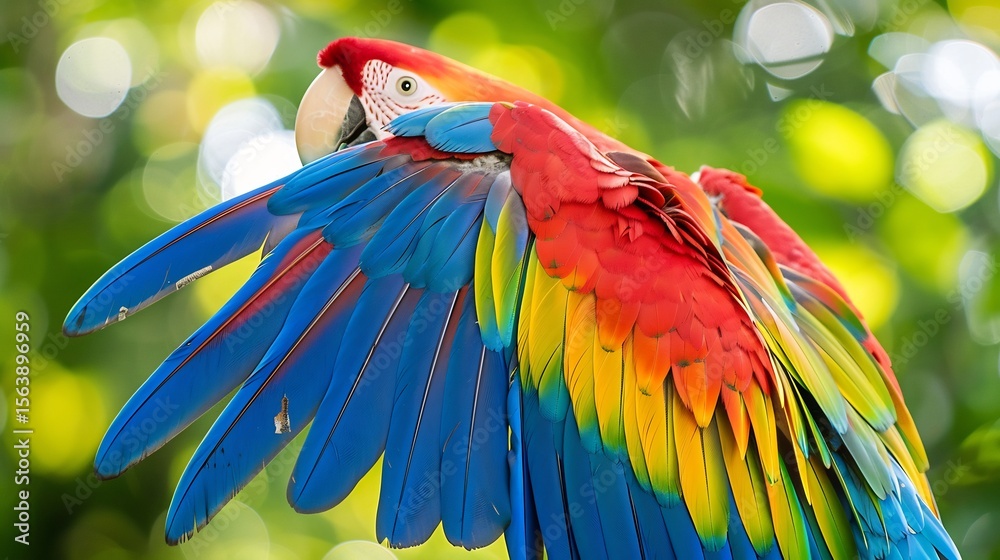 Fototapeta premium Close up of macaw feathers in natural habitat, vibrant color contrast against rainforest greens, 2025 trend wildlife detail shot