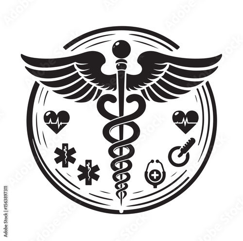 Caduceus health silhouette Vector Isolated Vector Illustration Medicine logo. Healthcare