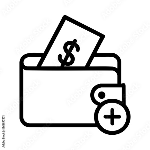 Wallet with dollar bill and plus icon representing income or savings