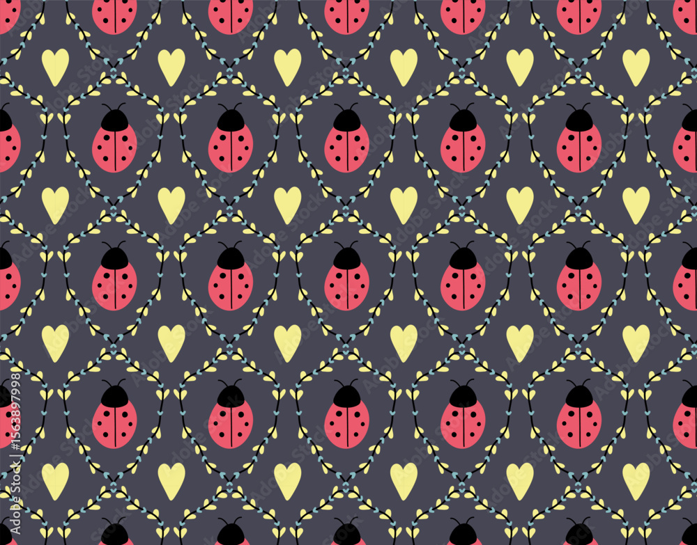 Naklejka premium Yellow heart and ladybug. Seamless pattern.