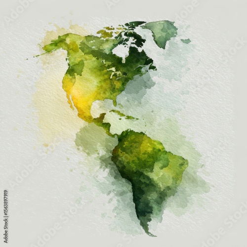 North and south america depicted as a vibrant green and yellow watercolor map