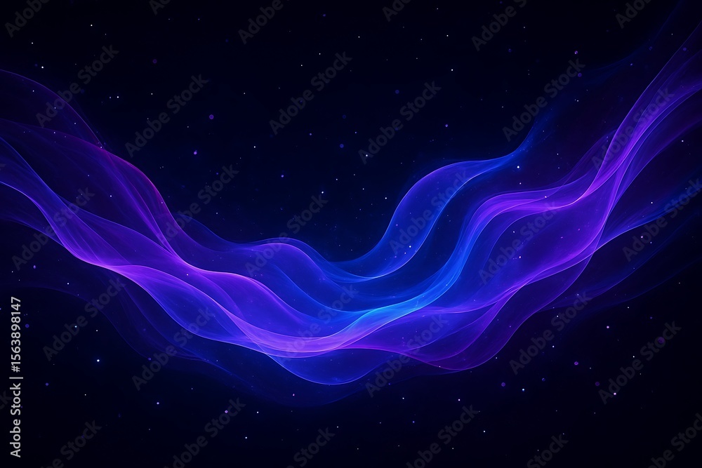 Fototapeta premium Abstract flowing waves of purple and blue light against a dark starry background